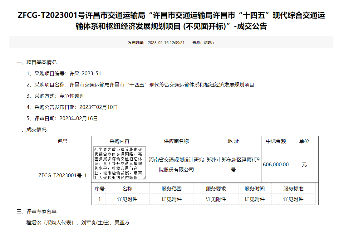 综合规划研究院成功中标《许昌市“十四五”现代 综合交通运输体系和枢纽经济发展规划》项目